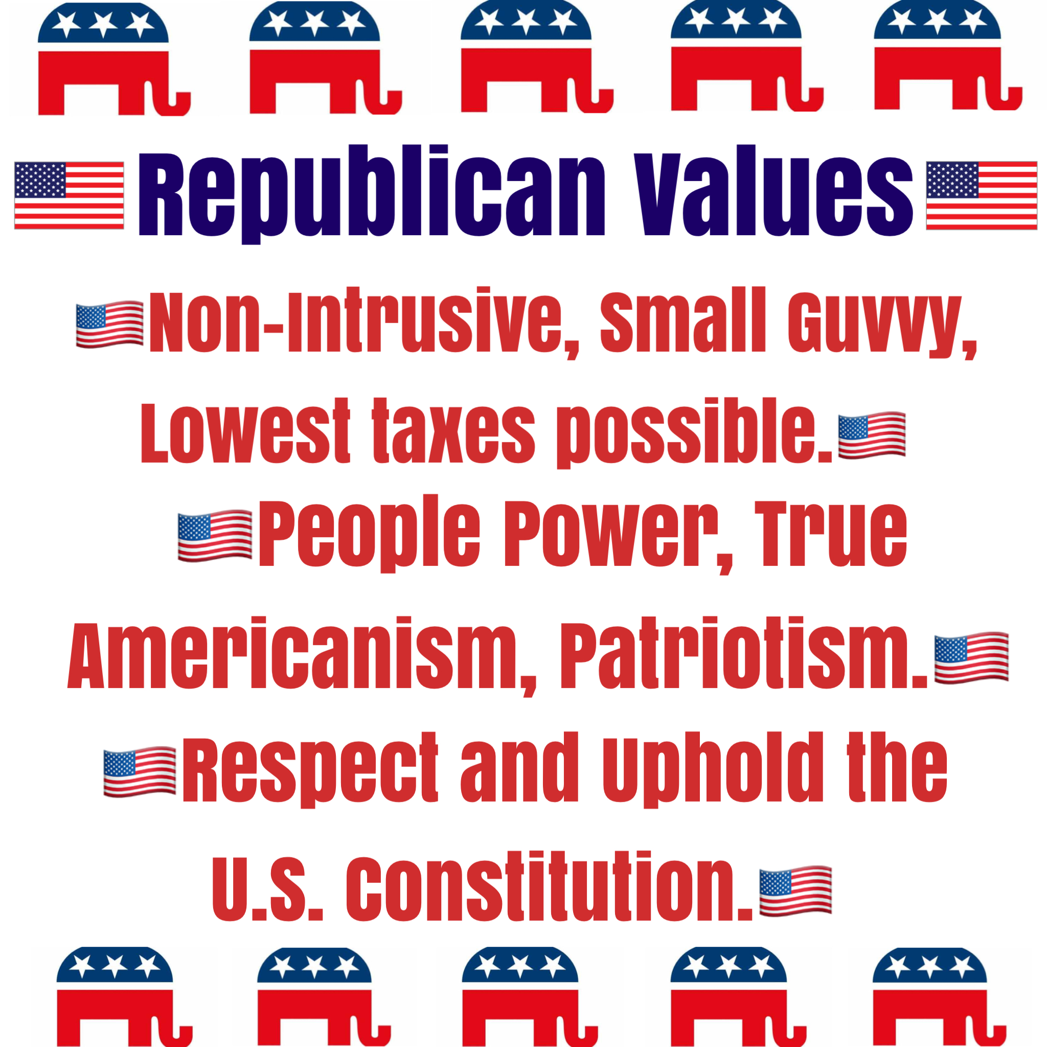 Republican Values, respect constitution, small government, people power, low taxes